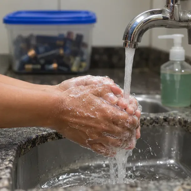 Pessoa lavando as mãos em uma pia depois de manusear pilhas intactas