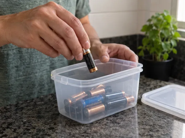 Mão colocando uma pilha usada em um recipiente plástico rígido com tampa ao lado