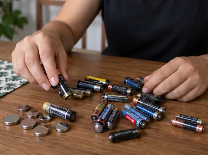 Mãos separando pilhas AA, AAA e pilhas tipo moeda usadas sobre uma mesa de madeira
