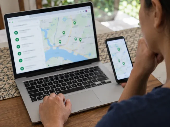 Pessoa consultando um mapa de pontos de coleta em um laptop e em um celular