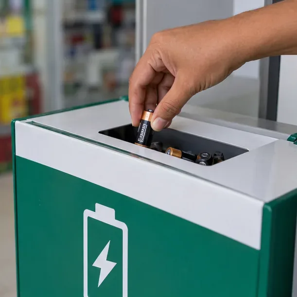 Mão depositando uma pilha usada em uma caixa de recebimento com símbolo de bateria