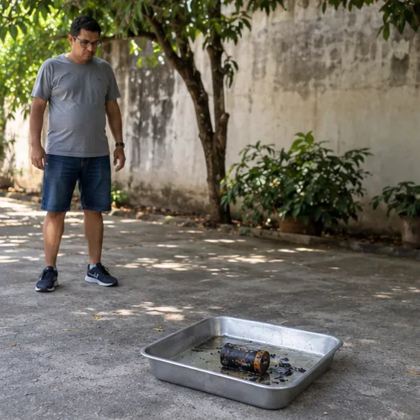Bateria danificada isolada em uma bandeja metálica em área sombreada enquanto uma pessoa mantém distância