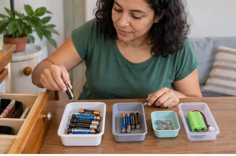 Moradora separa pilhas AA, AAA, pilhas botão e uma bateria recarregável em pequenos recipientes