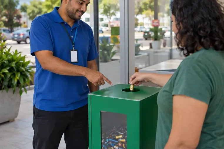Funcionário orienta uma moradora a colocar uma pilha no coletor específico dentro de um estabelecimento