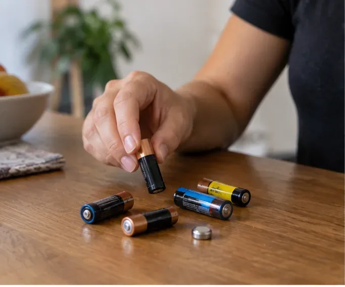 Pessoa separando pilhas AA, AAA e uma pilha botão usadas sobre uma mesa
