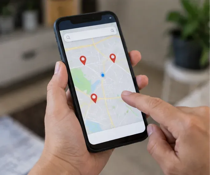 Pessoa consultando no celular um mapa com marcadores de pontos de entrega para descarte