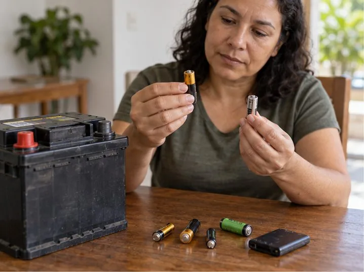 Uma pessoa confere pilhas domésticas AA e AAA ao lado de uma bateria automotiva, separando formatos diferentes