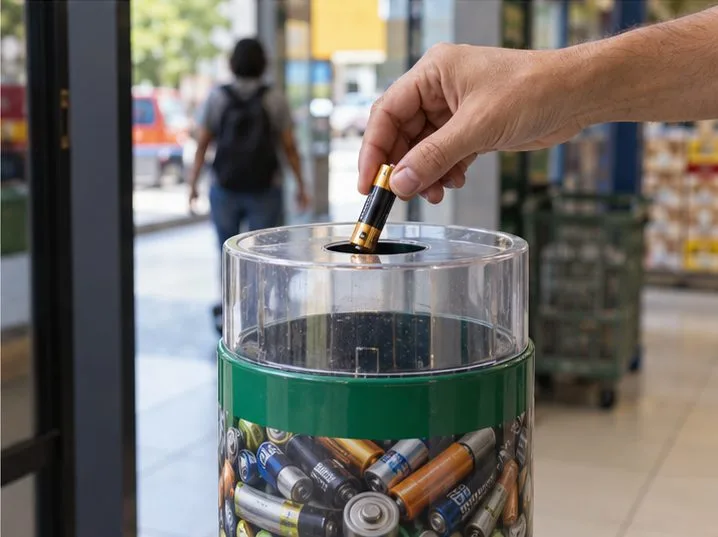 Uma mão deposita uma pilha AA intacta em um coletor transparente destinado à coleta de pilhas
