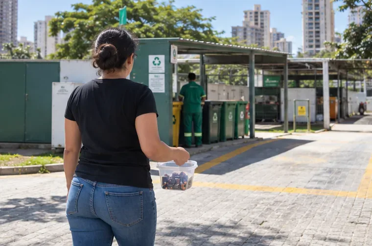 Pessoa leva um recipiente com pilhas usadas até uma área organizada de recebimento de resíduos