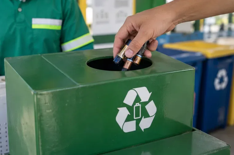 Mão deposita pilhas usadas em um coletor verde identificado com símbolo de reciclagem e bateria