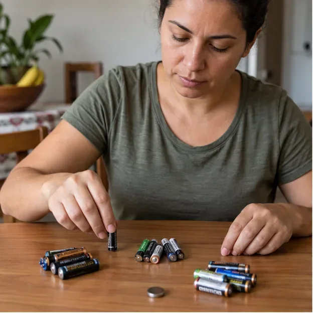 Uma mulher separa pilhas cilíndricas usadas e uma pilha tipo botão sobre uma mesa