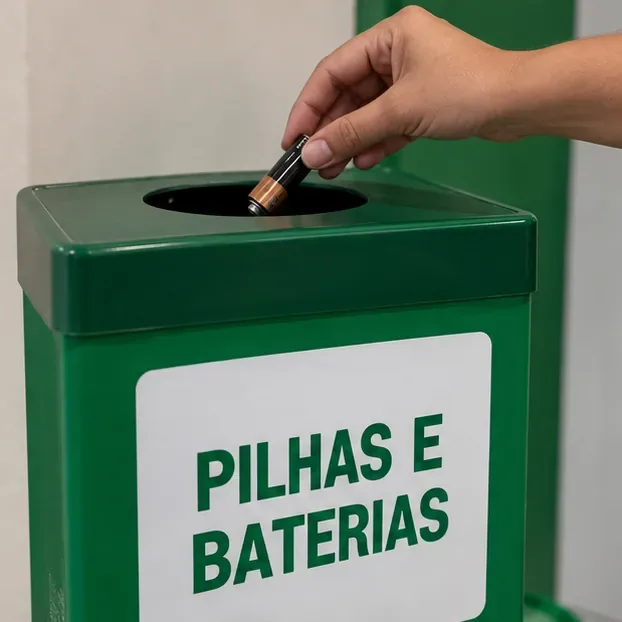 Mão depositando uma pilha usada em um coletor verde identificado para pilhas e baterias