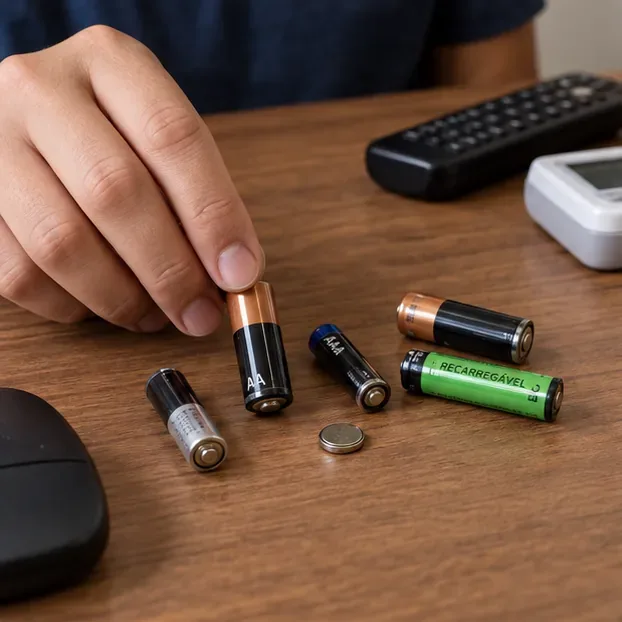 Pessoa separando pilhas AA, AAA, recarregável e bateria tipo moeda usadas sobre uma mesa doméstica