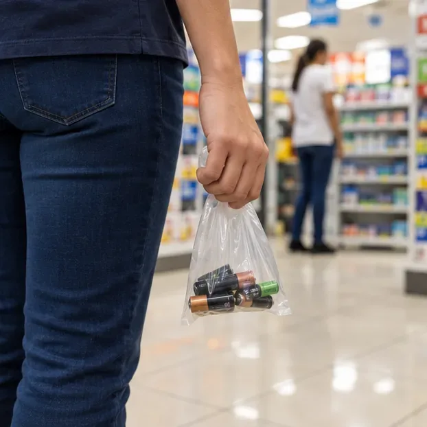 Pessoa levando uma pequena sacola com pilhas usadas dentro de uma farmácia ou supermercado