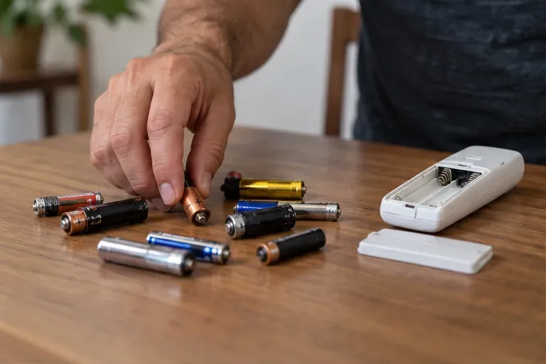 Mão separa pilhas AA e AAA usadas ao lado de um aparelho doméstico aberto