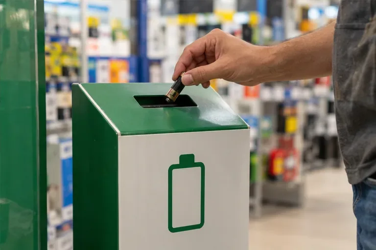 Pessoa deposita uma pilha doméstica em um coletor de reciclagem identificado por símbolo de bateria