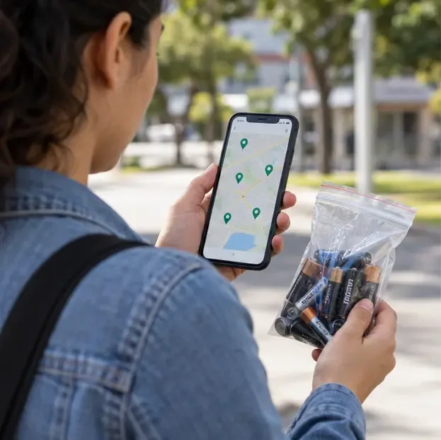 Pessoa segurando um celular com mapa e vários marcadores enquanto leva um saco transparente com pilhas usadas