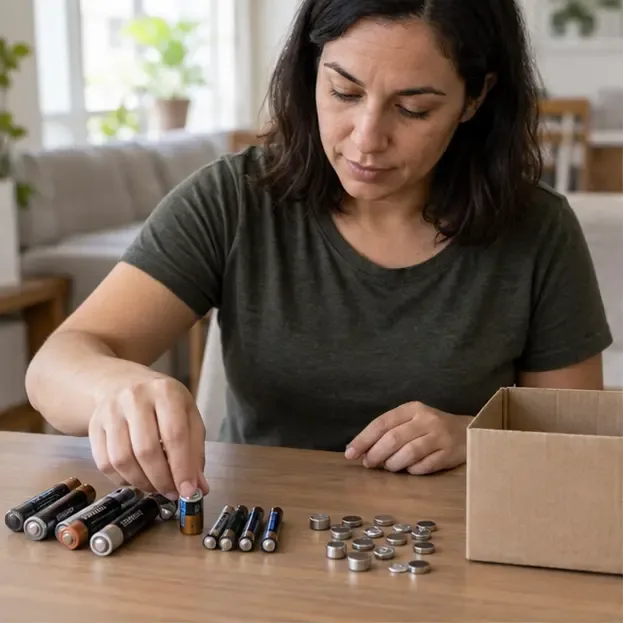 Pessoa separando pilhas AA, AAA e pilhas tipo botão sobre uma mesa, ao lado de uma caixa de papelão