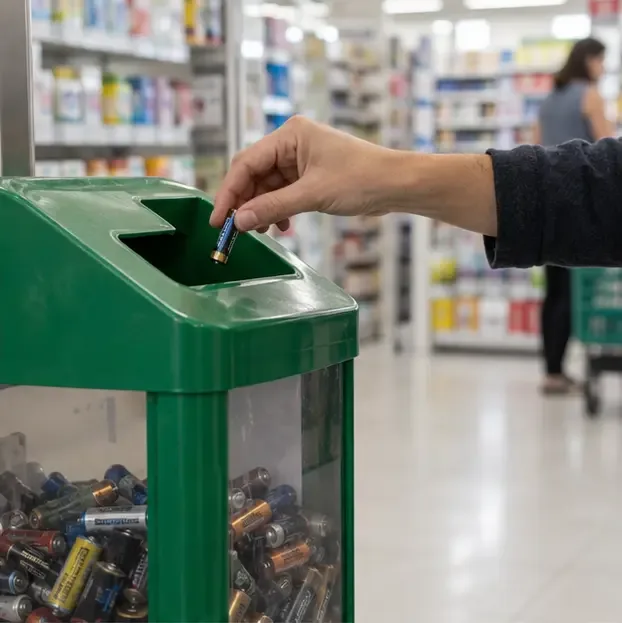 Mão colocando uma pilha cilíndrica em um coletor verde identificado dentro de uma loja