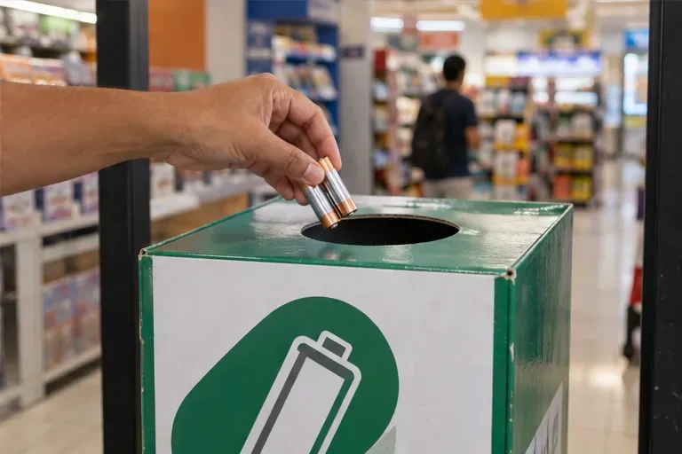 Uma mão deposita pilhas cilíndricas em uma caixa coletora com pictograma de bateria dentro de uma loja.