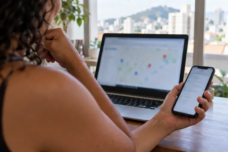 Uma pessoa consulta um mapa desfocado no computador e segura um telefone celular em casa.