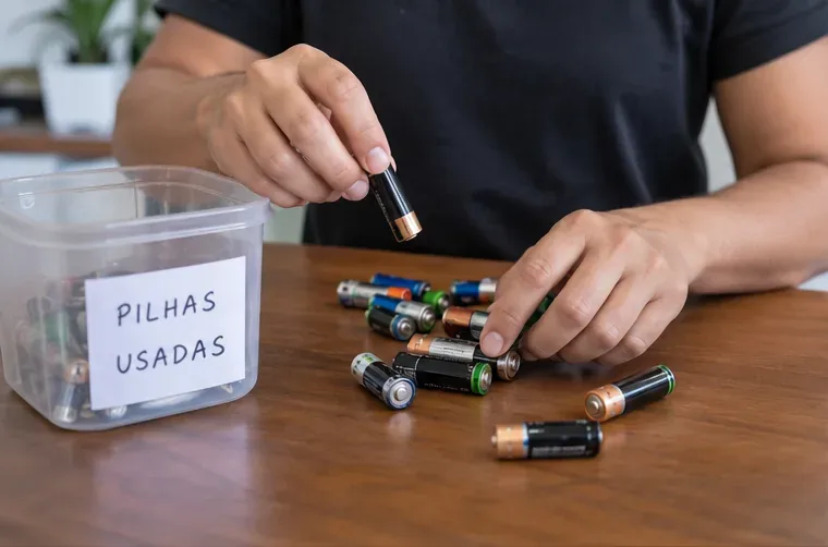 Pessoa separando pilhas usadas em um recipiente doméstico identificado para descarte posterior