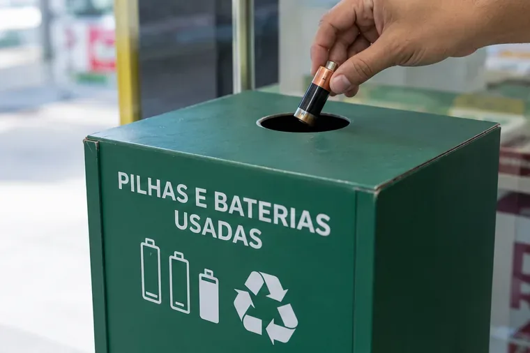 Mão colocando uma pilha usada em coletor identificado para pilhas e baterias