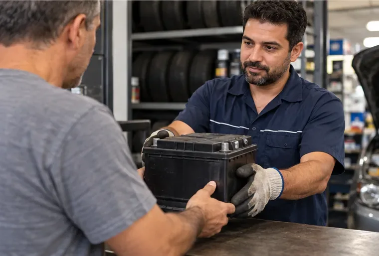 Funcionário de uma loja de autopeças recebe uma bateria automotiva de um cliente.