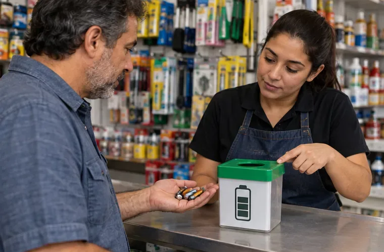 Cliente mostra pilhas usadas a uma atendente ao lado de um coletor com símbolo de bateria.