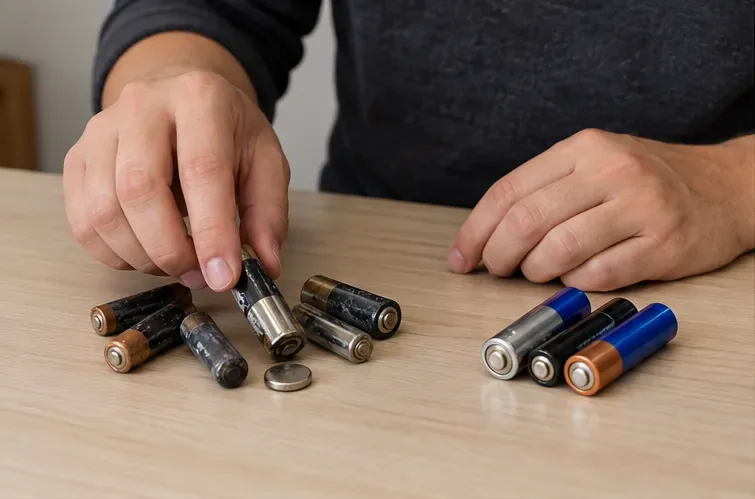 Mãos separando pilhas domésticas usadas de pilhas novas sobre uma mesa de madeira