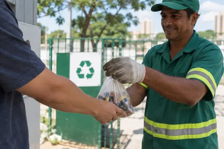 Pessoa entregando um saco transparente com pilhas a um funcionário de coleta usando luvas