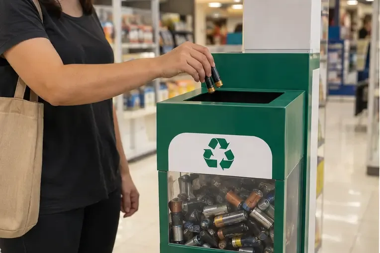 Pessoa colocando duas pilhas em uma caixa verde de recebimento dentro de uma loja