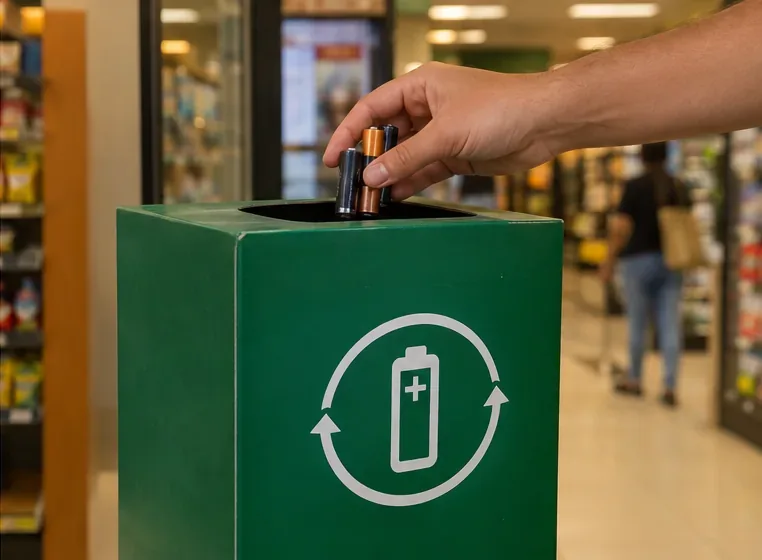Mão colocando pilhas usadas em um coletor verde identificado para reciclagem de baterias