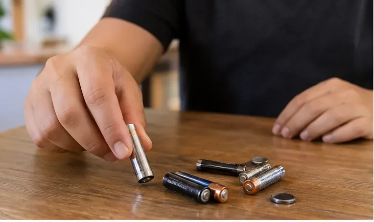 Pessoa separando pilhas AA, AAA e tipo botão usadas sobre uma mesa antes do descarte