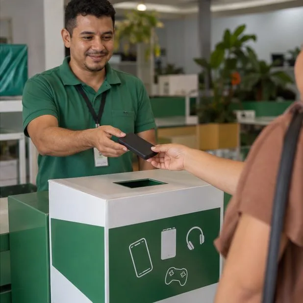 Atendente recebe um power bank intacto de uma pessoa em um ponto de logística reversa para eletrônicos.