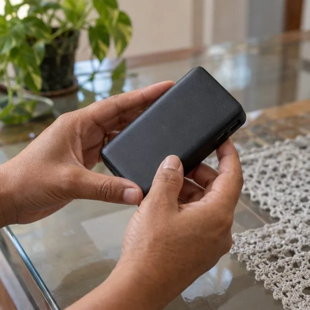 Mãos inspecionam um power bank preto, desconectado e sem danos visíveis sobre uma mesa.
