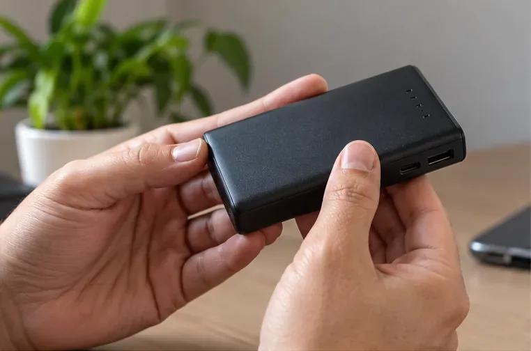 Mãos inspecionando a carcaça e as portas de um power bank preto antes do descarte.
