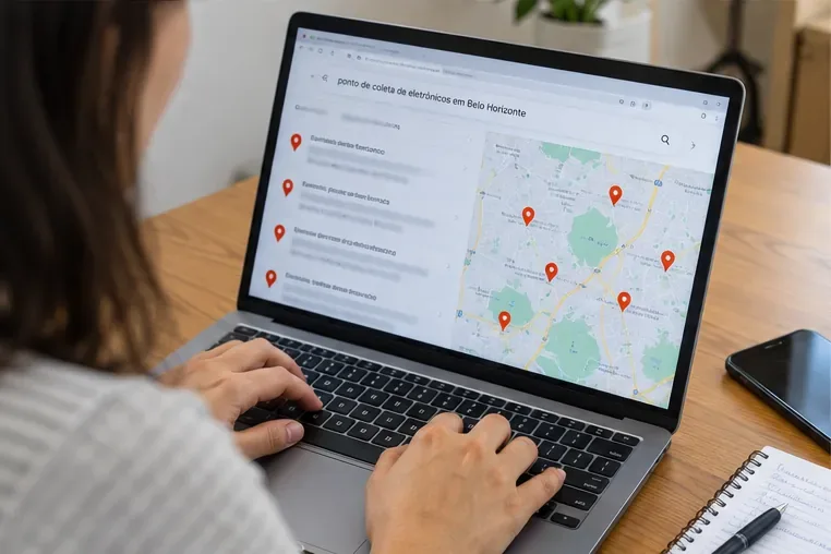 Pessoa consultando no notebook pontos de coleta de eletrônicos em Belo Horizonte antes de sair para a entrega.