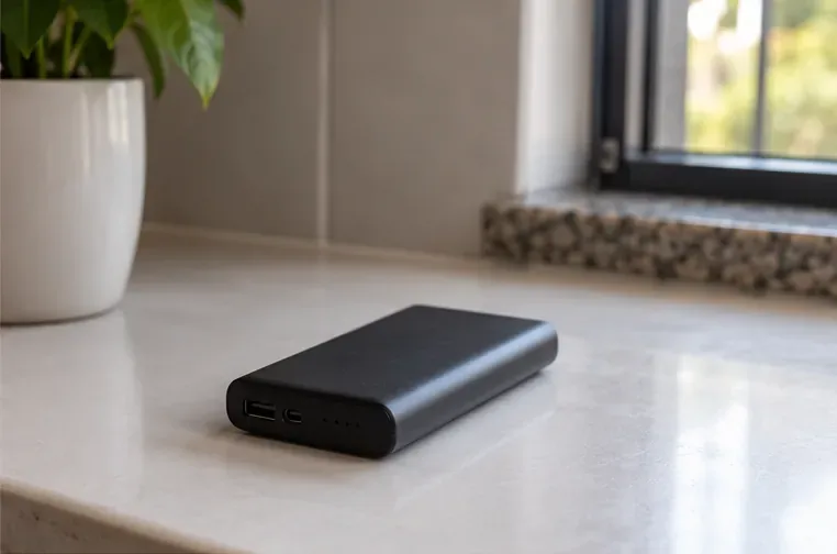 Power bank preto íntegro mantido separado sobre uma bancada antes de ser levado à logística reversa.
