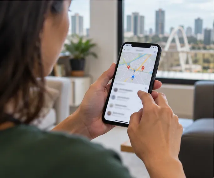 Pessoa consultando um mapa com marcadores em um smartphone para localizar um ponto de entrega próximo