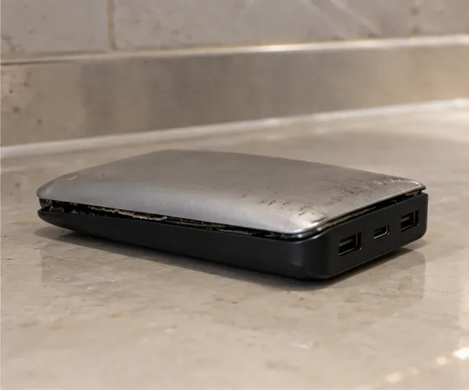 Power bank com carcaça visivelmente estufada e aberta pela pressão interna sobre uma superfície resistente