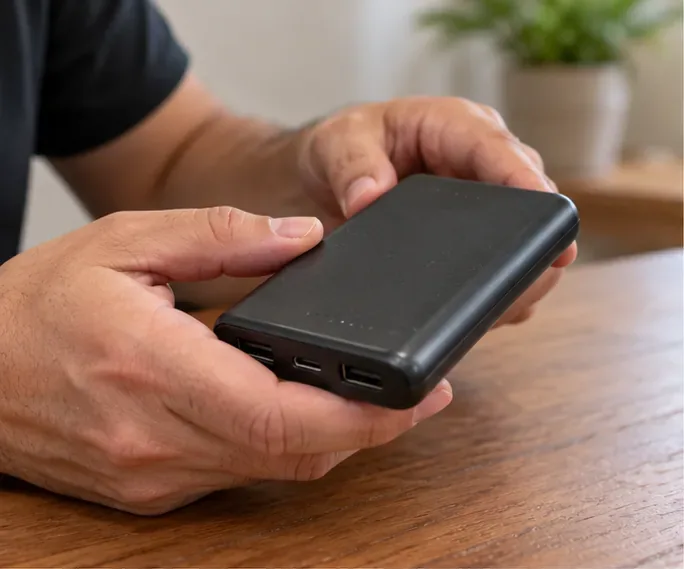 Mãos examinando um power bank preto intacto sobre uma mesa de madeira antes do descarte