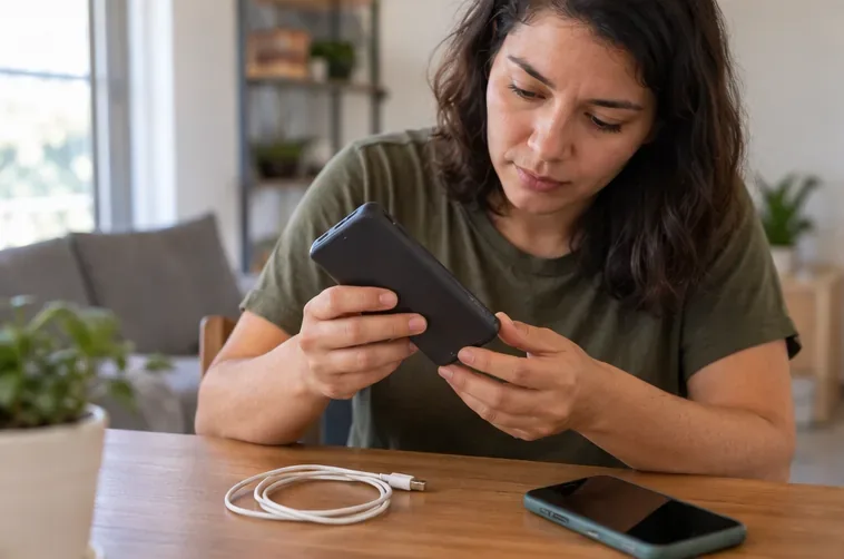 Pessoa examinando um power bank preto sobre uma mesa antes do descarte em Campinas