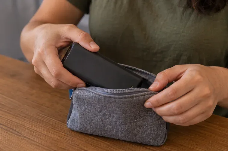 Mãos colocando um power bank preto em uma pequena bolsa individual para transporte