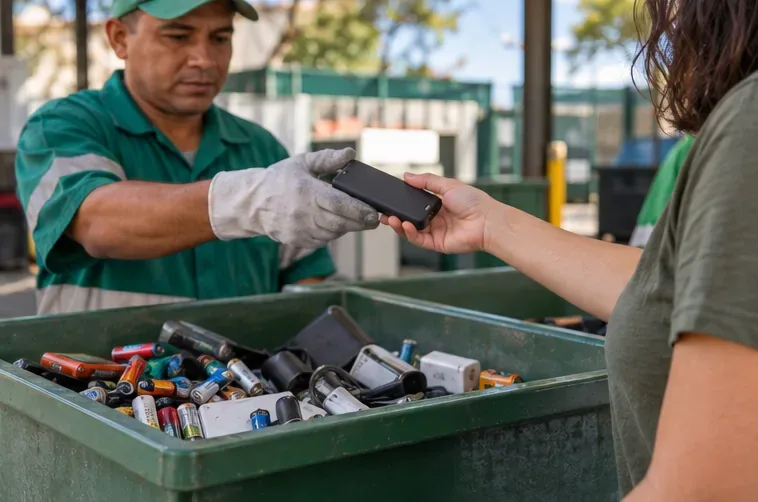Trabalhador com luvas recebendo um power bank em uma área de coleta de pilhas e eletrônicos