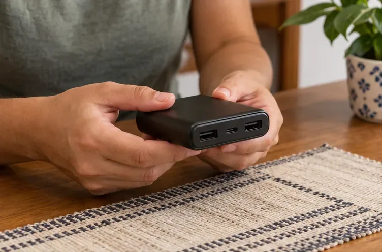 Mãos seguram um power bank preto íntegro com três portas visíveis sobre uma mesa