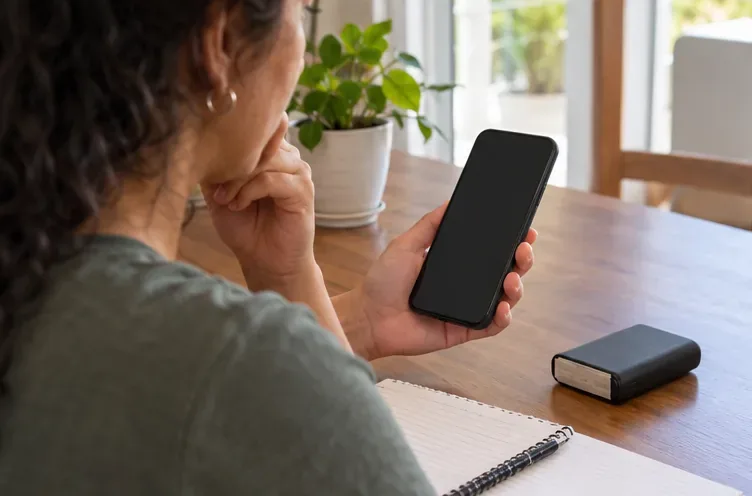 Pessoa segura um celular de tela escura ao lado de um power bank sobre a mesa