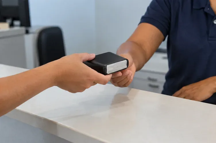 Mãos passam um power bank preto íntegro sobre o balcão a outra pessoa