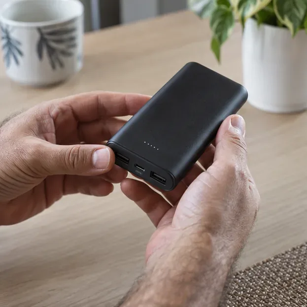 Mãos seguram um power bank preto intacto e observam as portas USB e os indicadores de carga.