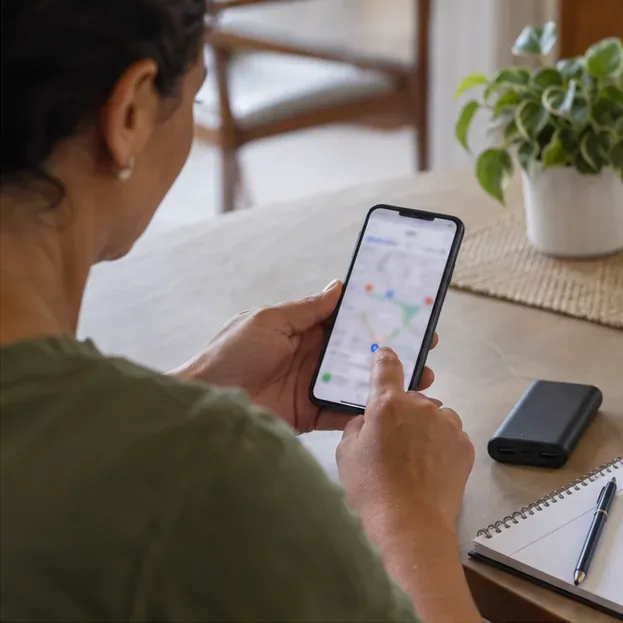 Morador consulta um mapa no celular ao lado de um power bank desligado sobre a mesa.